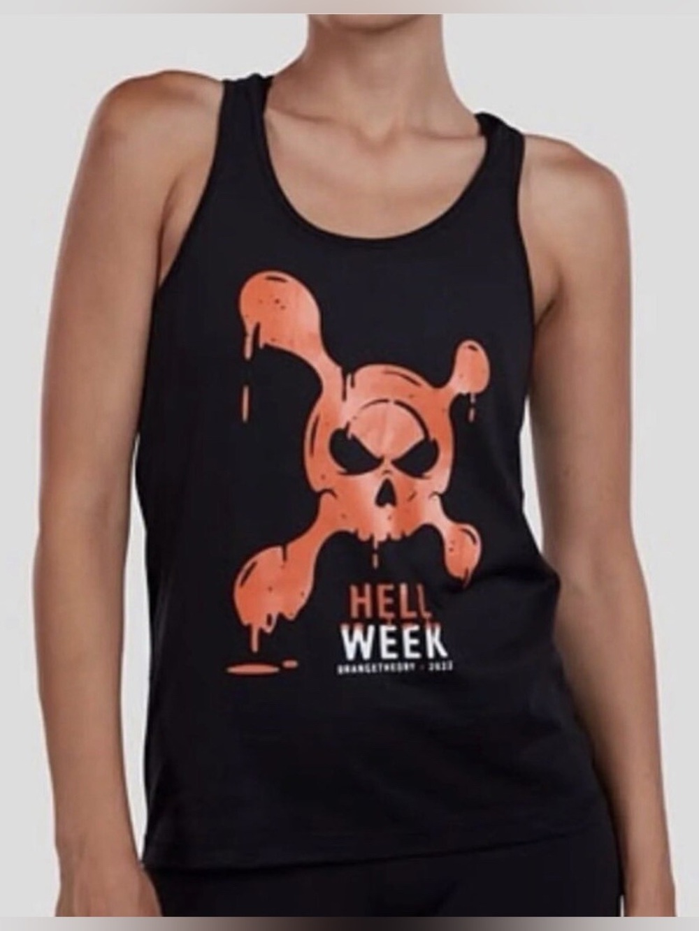 Orange Theory Black Tank Top with Orange Skull "Hell Week" Graphic Size Large